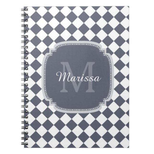 Trendy Gray and White Checked Monogrammed Name Notebook (Front)