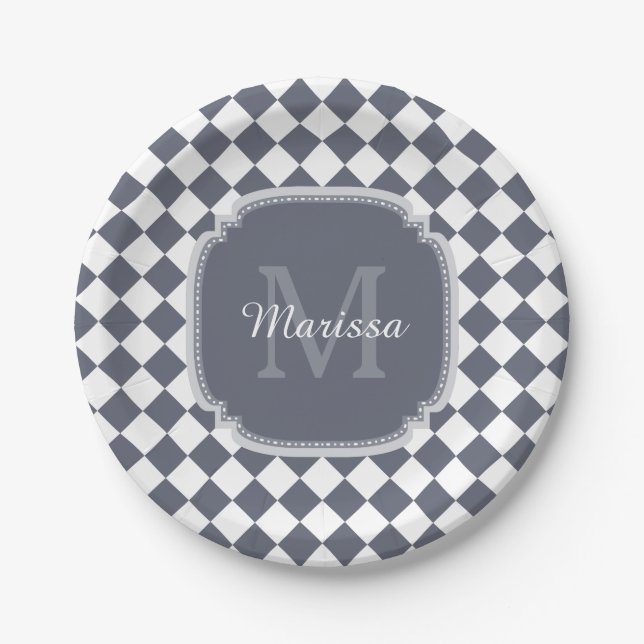 Trendy Gray and White Checked Monogrammed Name Paper Plates (Front)