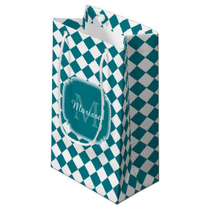 Trendy Gray and White Checked Monogrammed Name Small Gift Bag