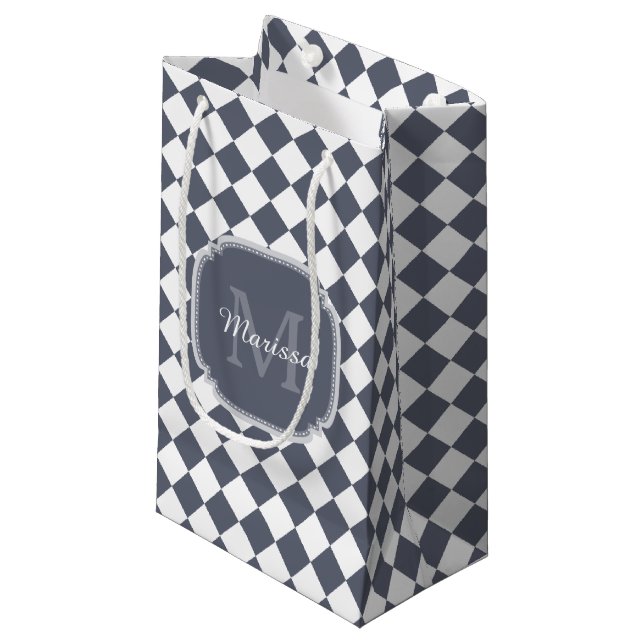 Trendy Gray and White Checked Monogrammed Name Small Gift Bag (Front Angled)