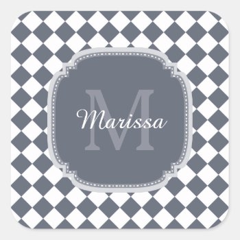 Trendy Gray And White Checked Monogrammed Name Square Sticker by ohsogirly at Zazzle