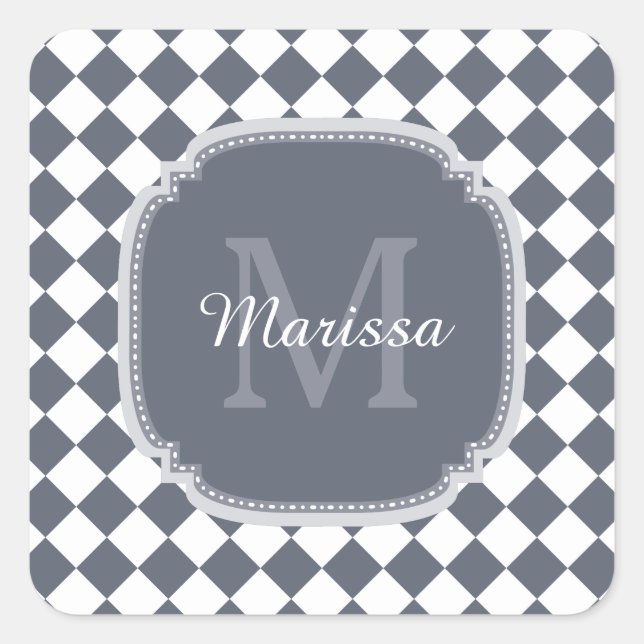 Trendy Gray and White Checked Monogrammed Name Square Sticker (Front)