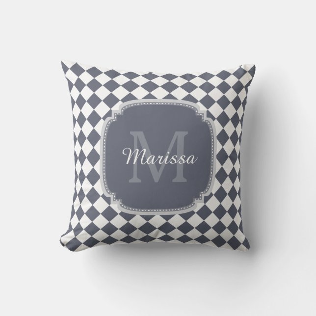 Trendy Gray and White Checked Monogrammed Name Throw Pillow (Front)