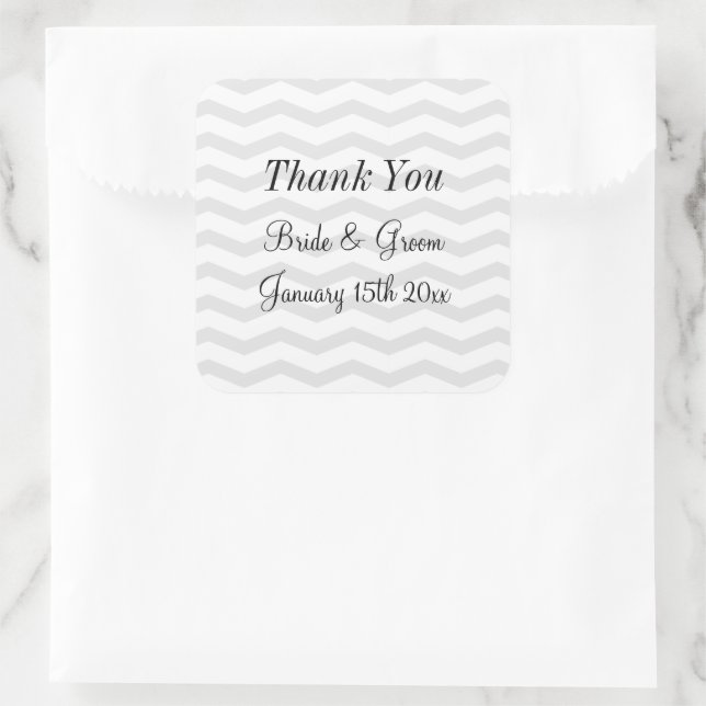 Trendy gray and white chevron pattern wedding square sticker (Bag)