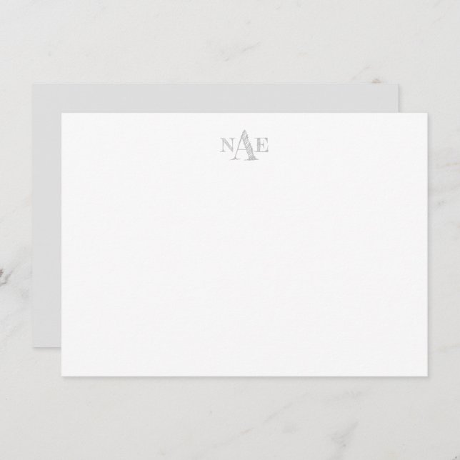 Trendy Gray and White Monogrammed Flat Note Card (Front/Back)