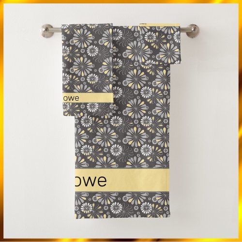 Trendy Gray and Yellow Floral  Bath Towel Set