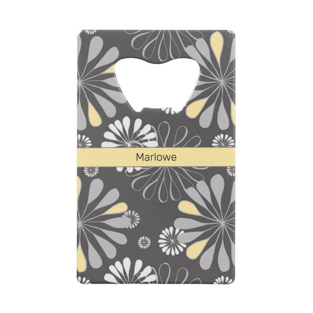Trendy Gray and Yellow Floral  Credit Card Bottle Opener (Front)