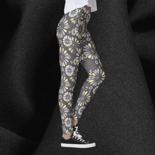 Trendy Gray and Yellow Floral  Leggings