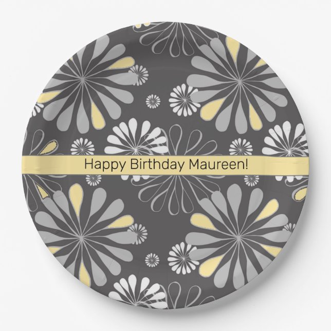 Trendy Gray and Yellow Floral  Paper Plates (Front)
