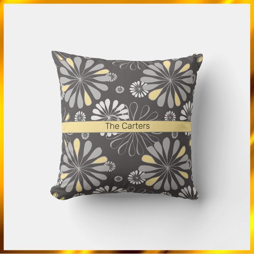 Trendy Gray and Yellow Floral  Throw Pillow