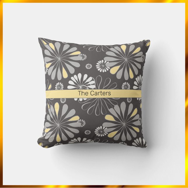 Trendy Gray and Yellow Floral  Throw Pillow (Creator Uploaded)