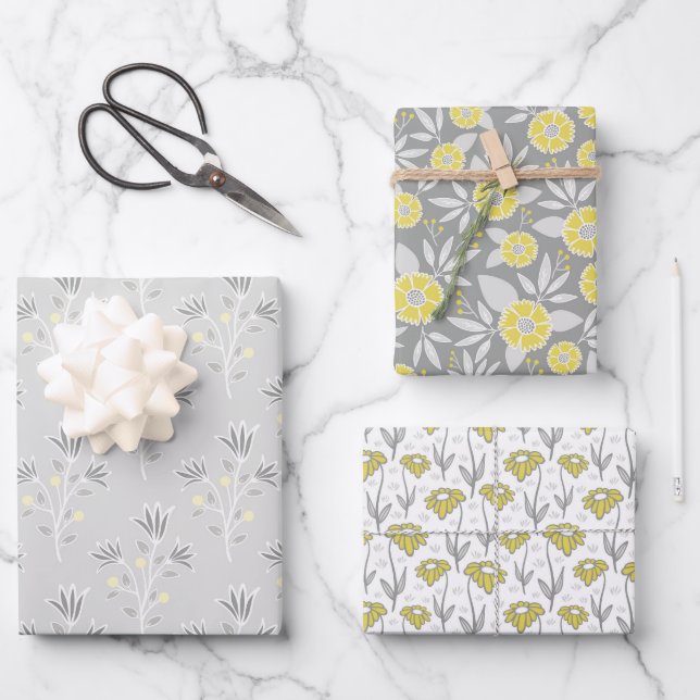 Trendy Gray and Yellow Florals Wrapping Paper Sheets (Front)