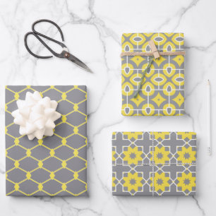 Trendy Gray and Yellow Geometric Patterns Wrapping Paper Sheets