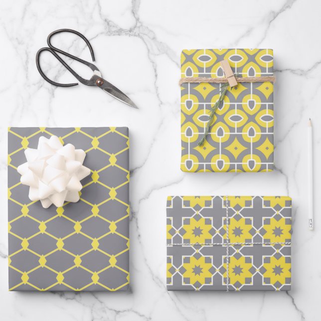 Trendy Gray and Yellow Geometric Patterns Wrapping Paper Sheets (Front)