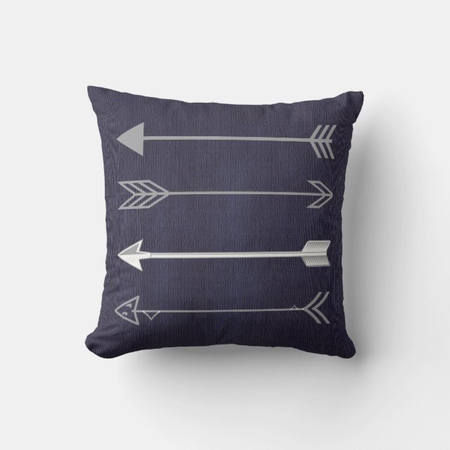 Trendy Gray Arrows on Navy Blue Throw Pillow (Front)