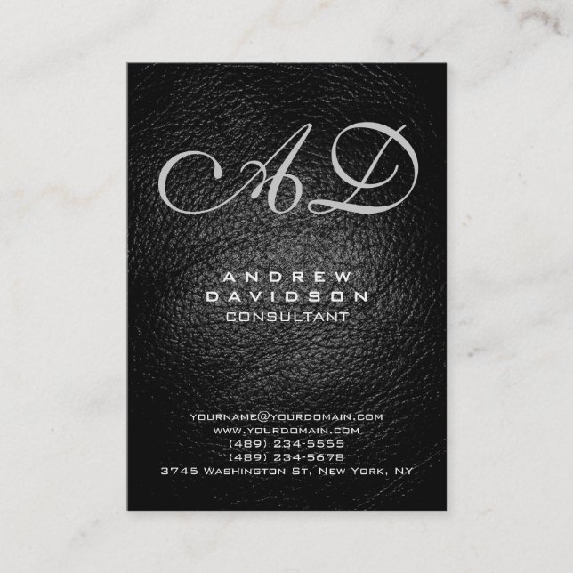Trendy Gray Black Leather Monogram Business Card (Front)