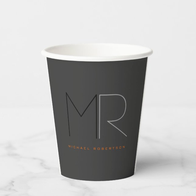 Trendy Gray Black Monogram Plain  Paper Cups (Front)
