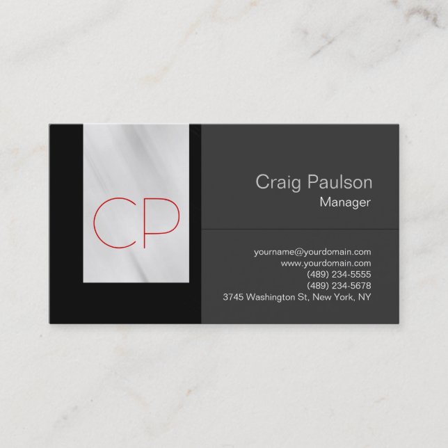 Trendy Gray Black Red Monogram Business Card (Front)