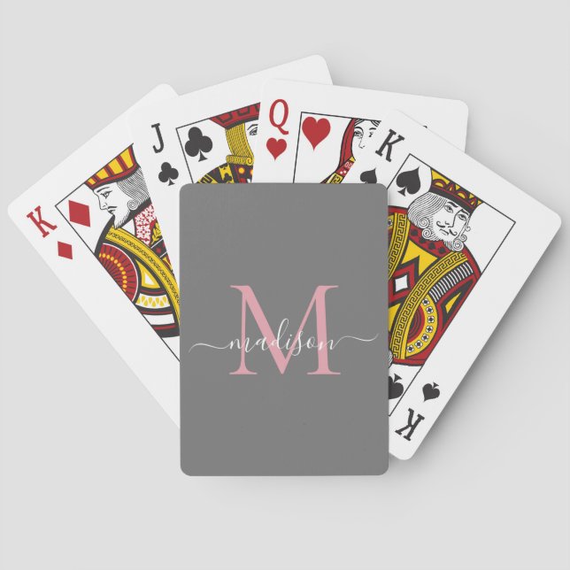 Trendy Gray Blush Pink Monogram Chic Modern Script Poker Cards (Back)