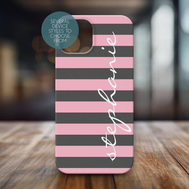 Trendy Gray Blush Pink Striped Pattern Script name Case-Mate iPhone Case (Personalized Phone Case with Trendy Stripes and Custom Name)