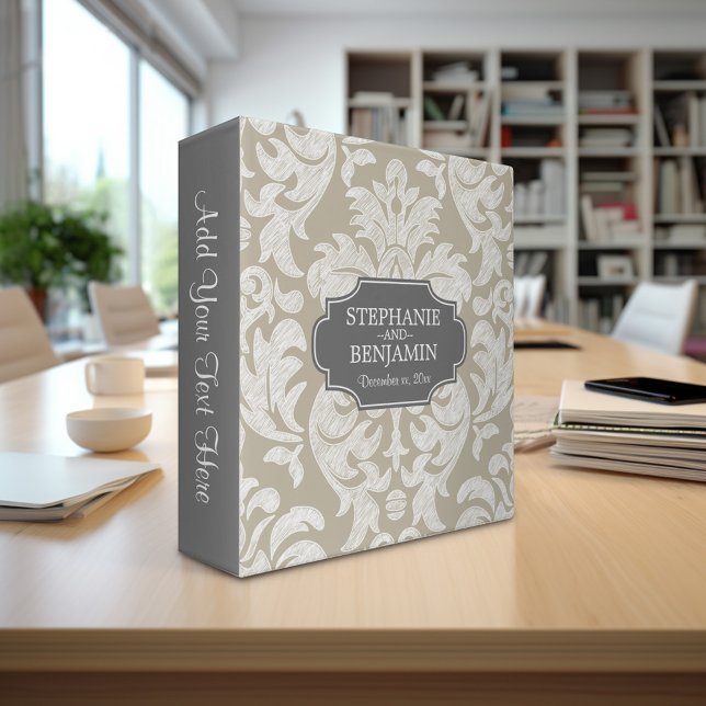 Trendy Gray & Linen Beige Damask Pattern Wedding Binder (Custom Wedding and Anniversary Binder - Personalize with Bride and Groom)