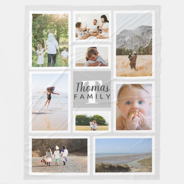 Trendy Gray Monochrome Family Photo Collage Fleece Blanket (Front)