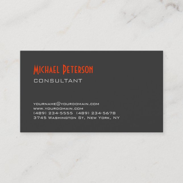 Trendy Gray Orange Consultant Business Card (Front)