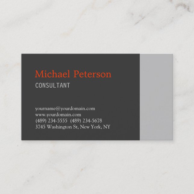 Trendy Gray Orange Modern Consultant Business Card (Front)
