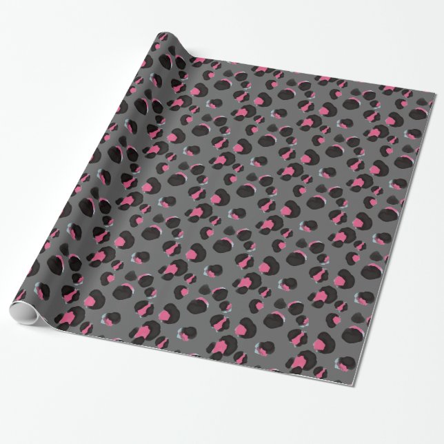 Trendy Gray pink leopard print animal jungle  Wrapping Paper (Unrolled)