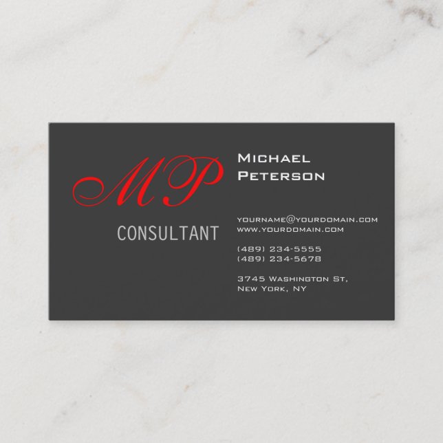 Trendy Gray Red Monogram Business Card (Front)