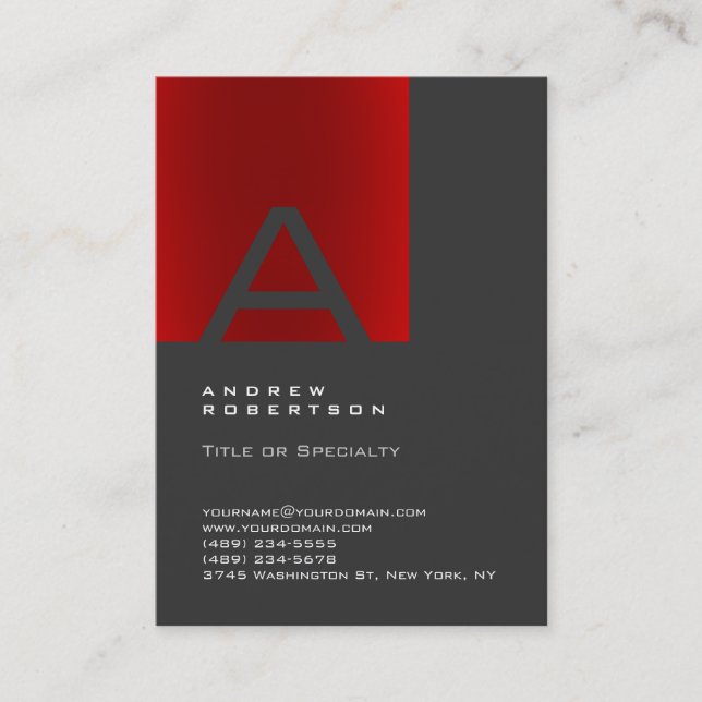 Trendy Gray Red Monogram Stripe Business Card (Front)