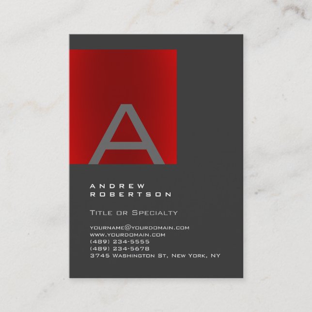 Trendy Gray Red Monogram Stylish Business Card (Front)