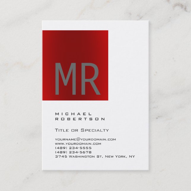 Trendy Gray Red Monogram White Business Card (Front)