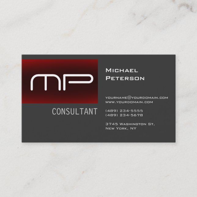 Trendy Gray Red Stripe Monogram Business Card (Front)