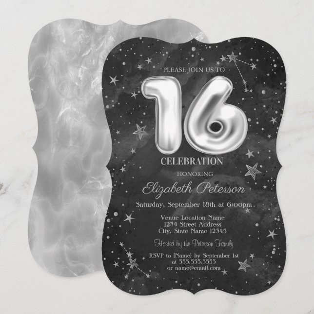 Trendy Gray Stars Sweet 16  Invitation (Front/Back)