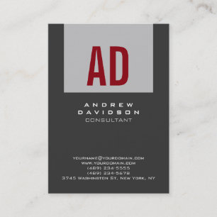 Trendy Gray Stripe Red Monogram Business Card