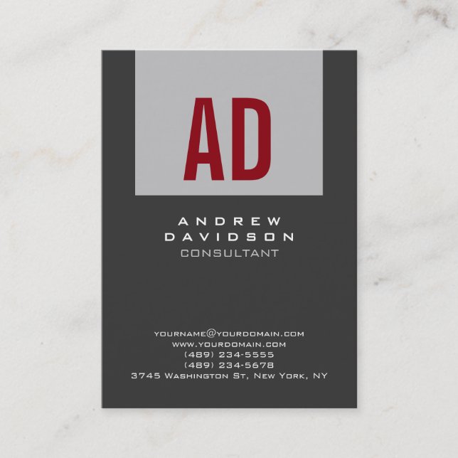 Trendy Gray Stripe Red Monogram Business Card (Front)