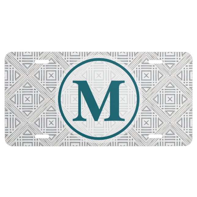 Trendy Gray & Teal Geometric Monogram Initial License Plate (Front)