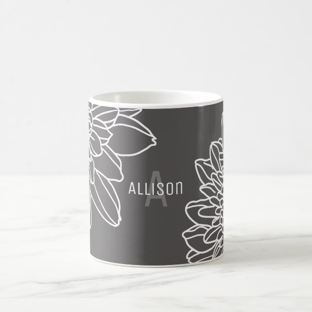 Trendy Gray White Flowers Name Initial Coffee Mug (Center)