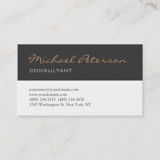 Trendy Gray White Script Consultant Business Card (Front)