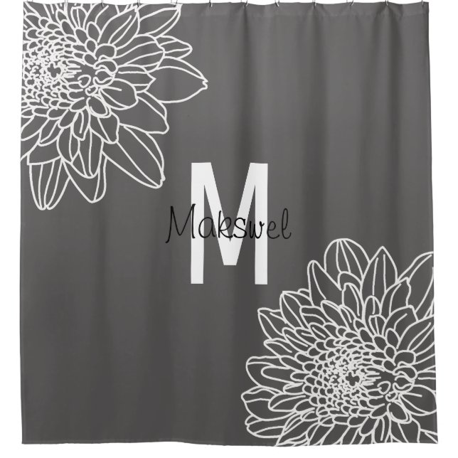 Trendy Gray With White Flowers With Name Shower Curtain (Front)