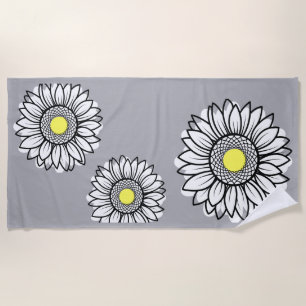 Trendy Gray Yellow Daisy Floral Beach Towel