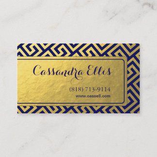 Trendy Greek Key Diagonal | gold foil navy Business Card