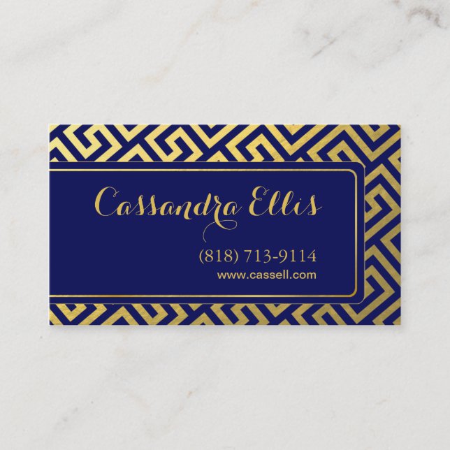 Trendy Greek Key Diagonal | gold foil navy Business Card (Front)