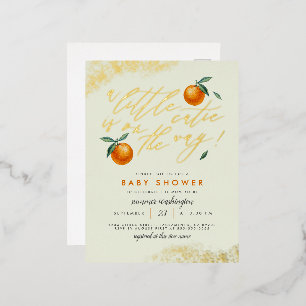 Trendy Green A Little Cutie Orange Baby Shower Foil Invitation Postcard