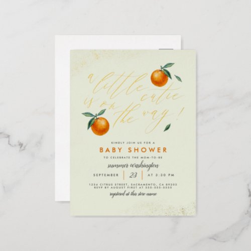 Trendy Green A Little Cutie Orange Baby Shower Foil Invitation Postcard