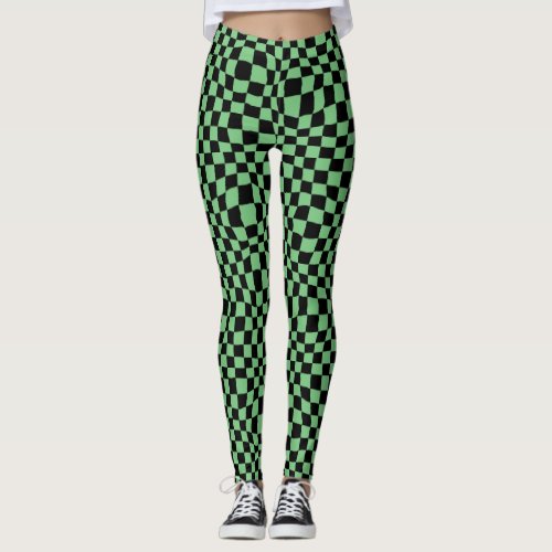 Trendy Green and Black Warped Checker Halloween Leggings