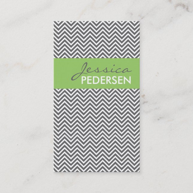 Trendy Green and Gray Chevron Business Cards (Front)