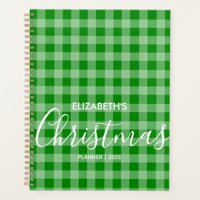 Trendy Green And White Checkered Name Planner (Front)