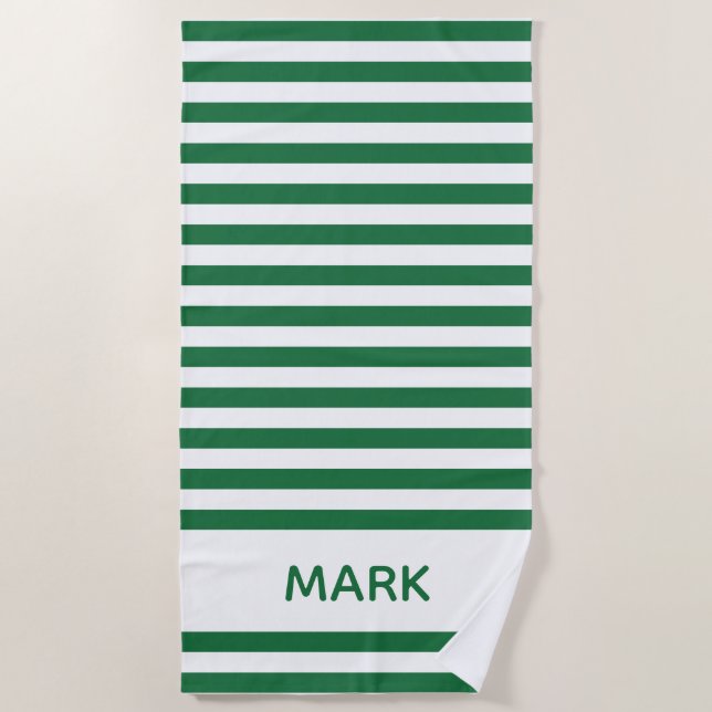 Trendy Green And White Striped Personalized Name   Beach Towel (Front)